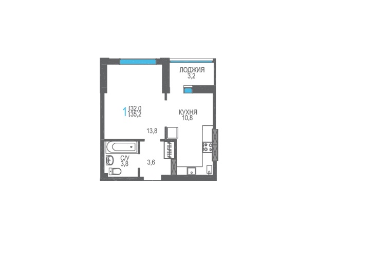 1-к квартира, 35,2 м2, 1/8 эт. ЖК Утесов