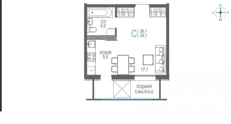 1-к квартира, 31 м2, 9/9 эт. ЖК ЦентрПарк