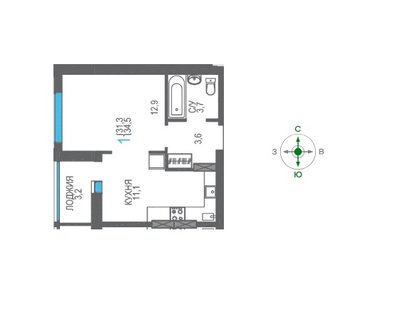 1-к квартира, 34 м2, 1/8 эт. ЖК Утесов