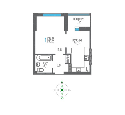 1-к квартира, 35 м2, 8/8 эт. ЖК Утесов