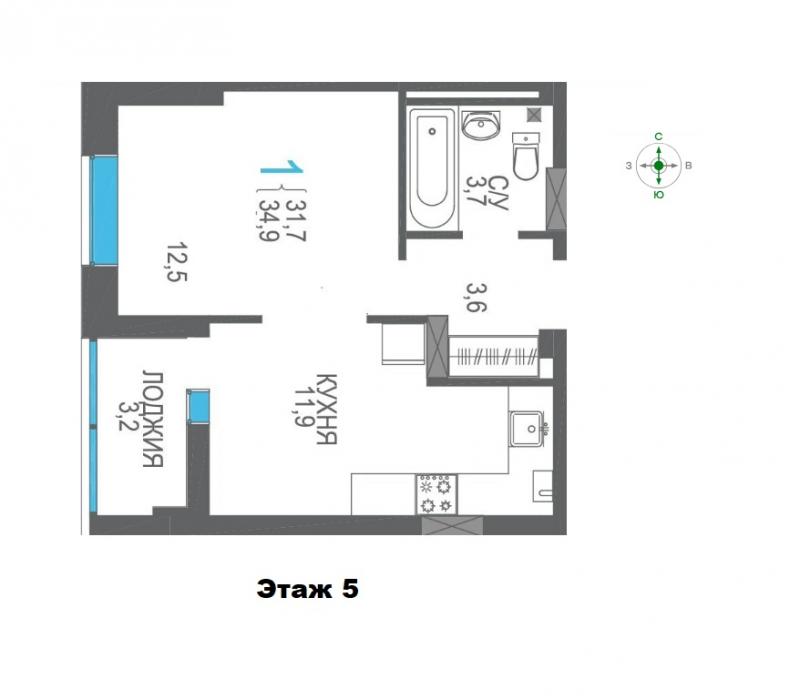 1-к квартира, 34 м2, 5/8 эт. Утесов