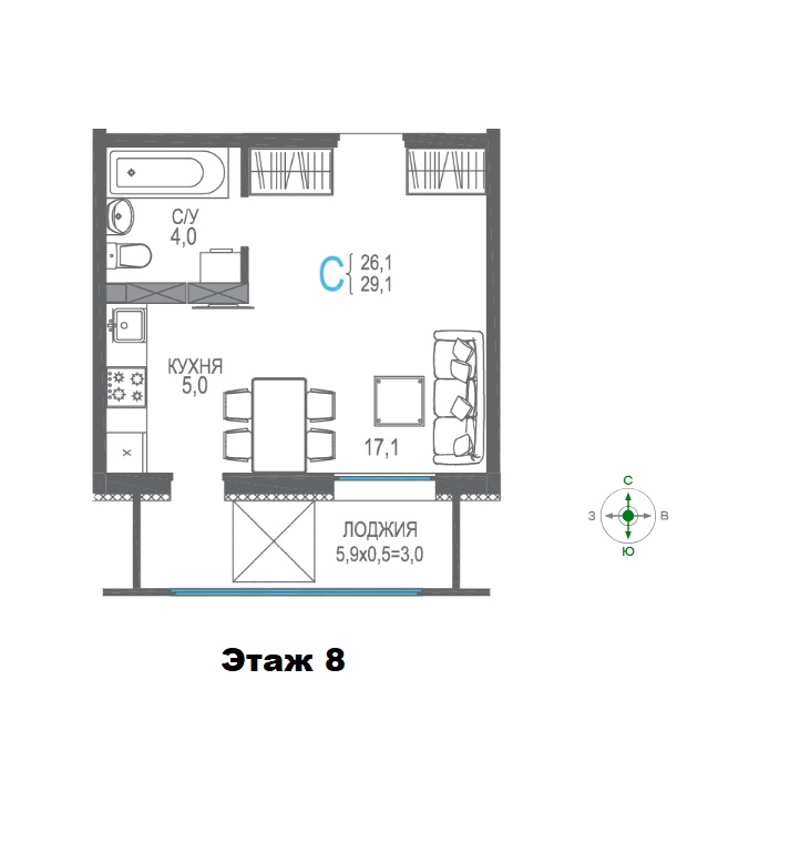 1-к квартира, 32 м2, 8/9 эт. Центрпарк