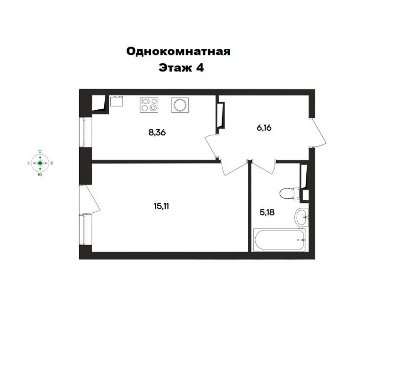 1-к квартира, 34 м2, 4/4 эт.