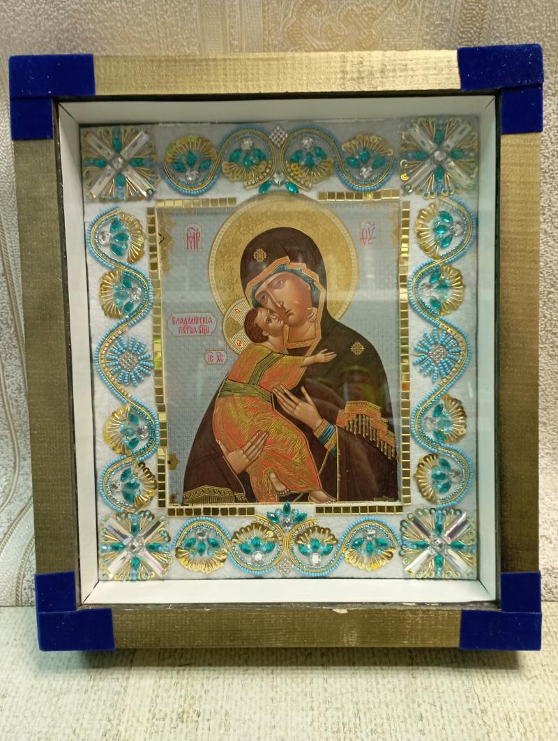 Освящённая Икона Божией Матери, вышитая бисером вручную