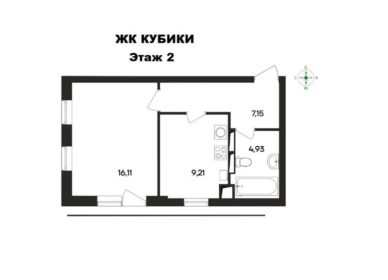 1-к квартира, 37,4 м2, 2/4 эт. ЖК Кубики