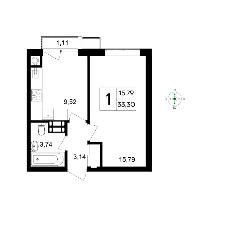 1-к квартира, 33,3 м2, 4/8 эт. Республика