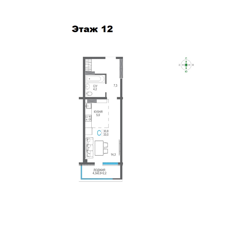1-к квартира, 33 м2, 12/12 эт.