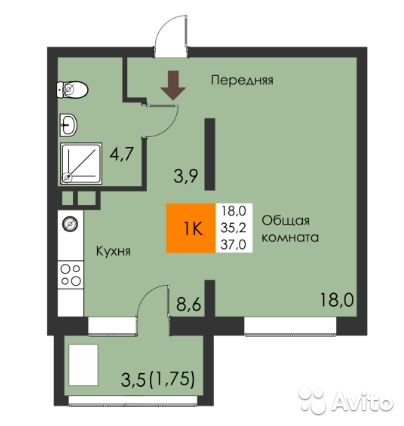 1-к квартира, 37 м2, 6/10 эт.
