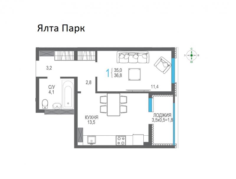 1-к квартира, 36,8 м2, 9/12 эт. Ялта Парк