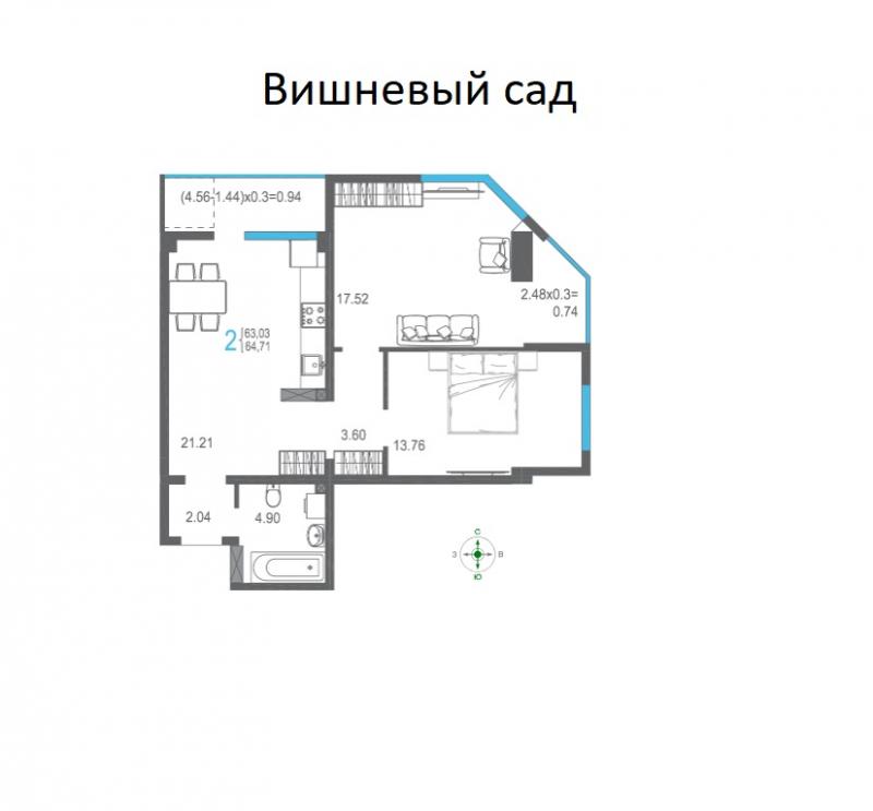 2-к квартира, 64 м2, 6/16 эт. Вишневый сад