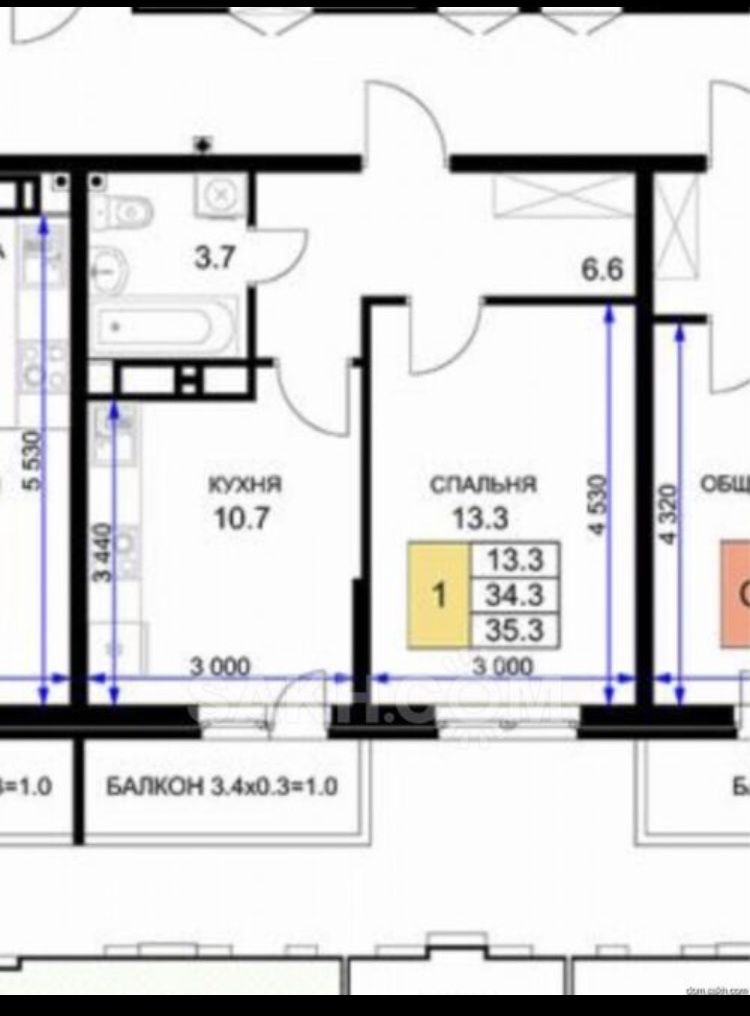 1-к квартира, 35 м2, 7/16 эт.