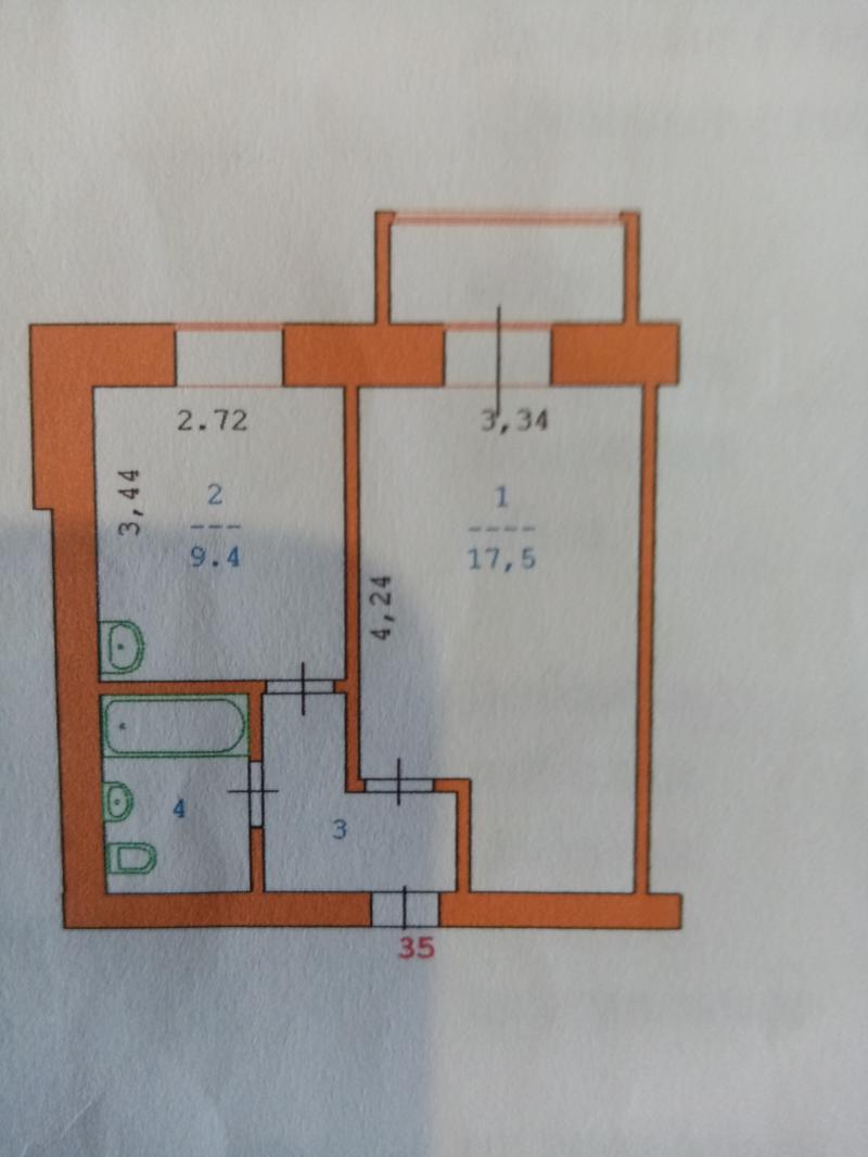 1-к квартира, 35 м2, 4/4 эт.