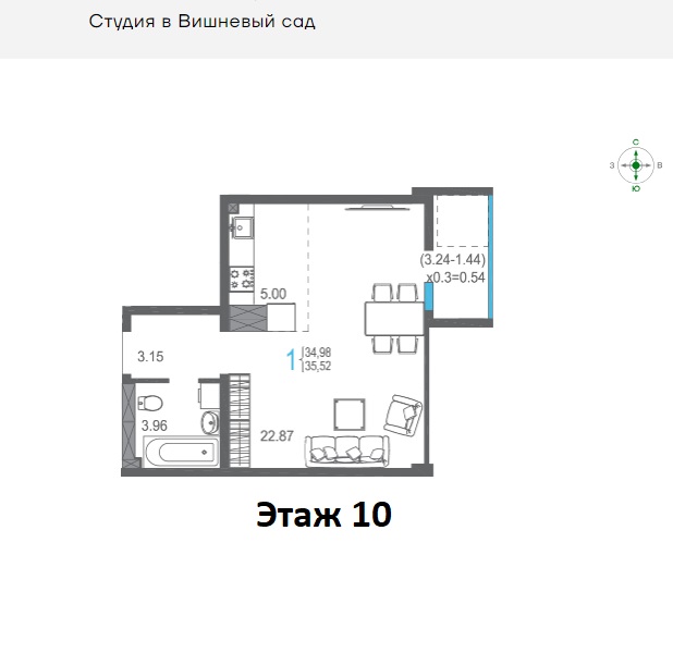 1-к квартира, 35 м2, 10/16 эт. Вишневый сад