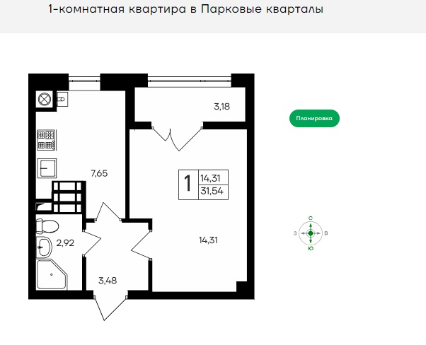 1-к квартира, 31,54 м2, 9/9 эт. Парковые кварталы