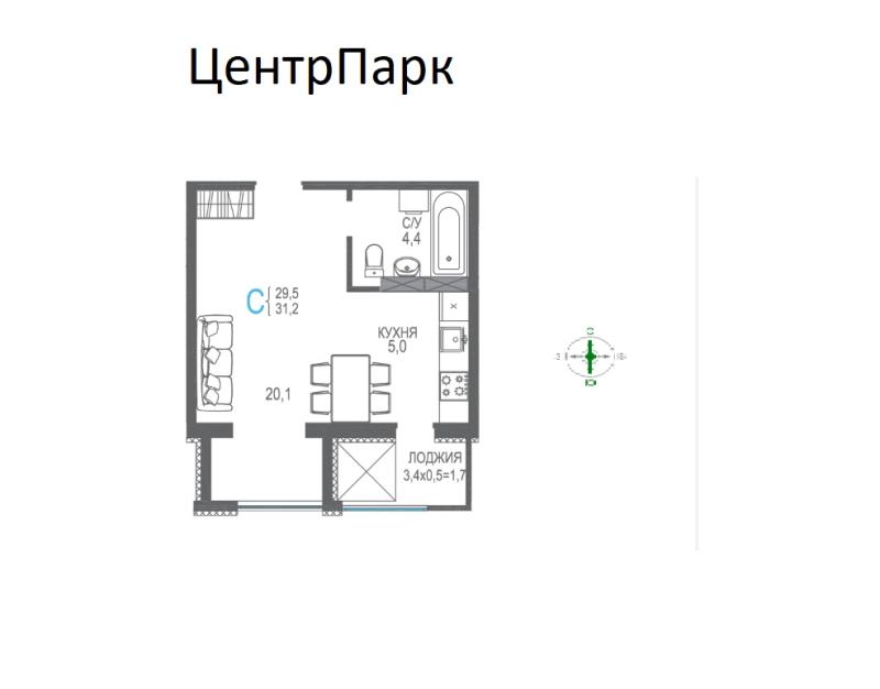 1-к квартира, 33 м2, 9/8 эт. ЦентрПарк